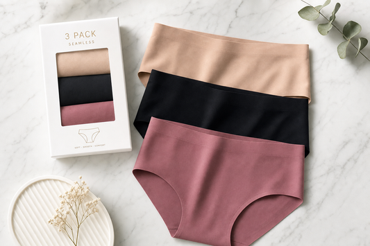 Felladora seamless panties 3-pack in nude, black, and dusty rose
